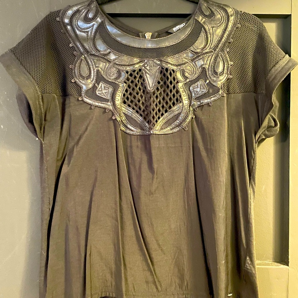 Black Tee with faux leather detailing